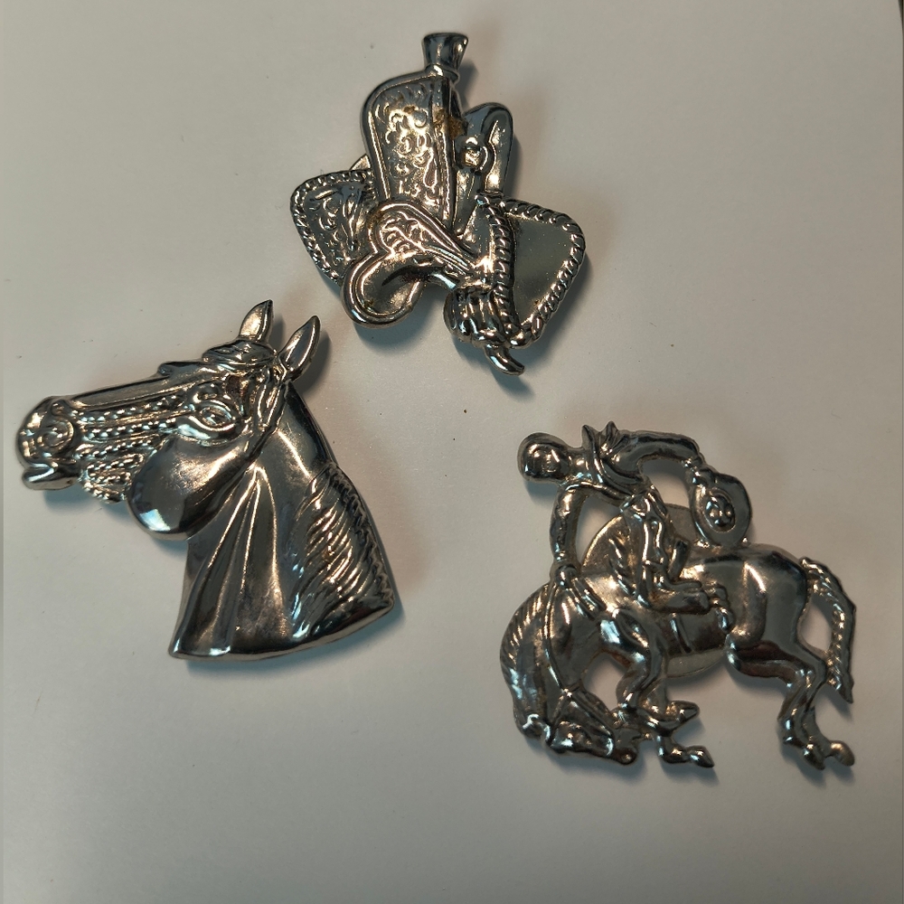 Set of 3 Western Cowboy Button Covers Silver Tone Saddle Horse Cowboy Rodeo